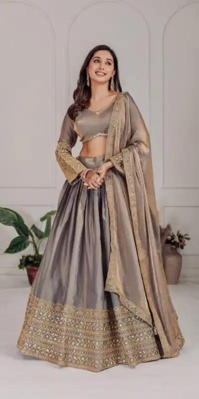 Grey Fendi Embroidery Sequins Work Lehenga Choli