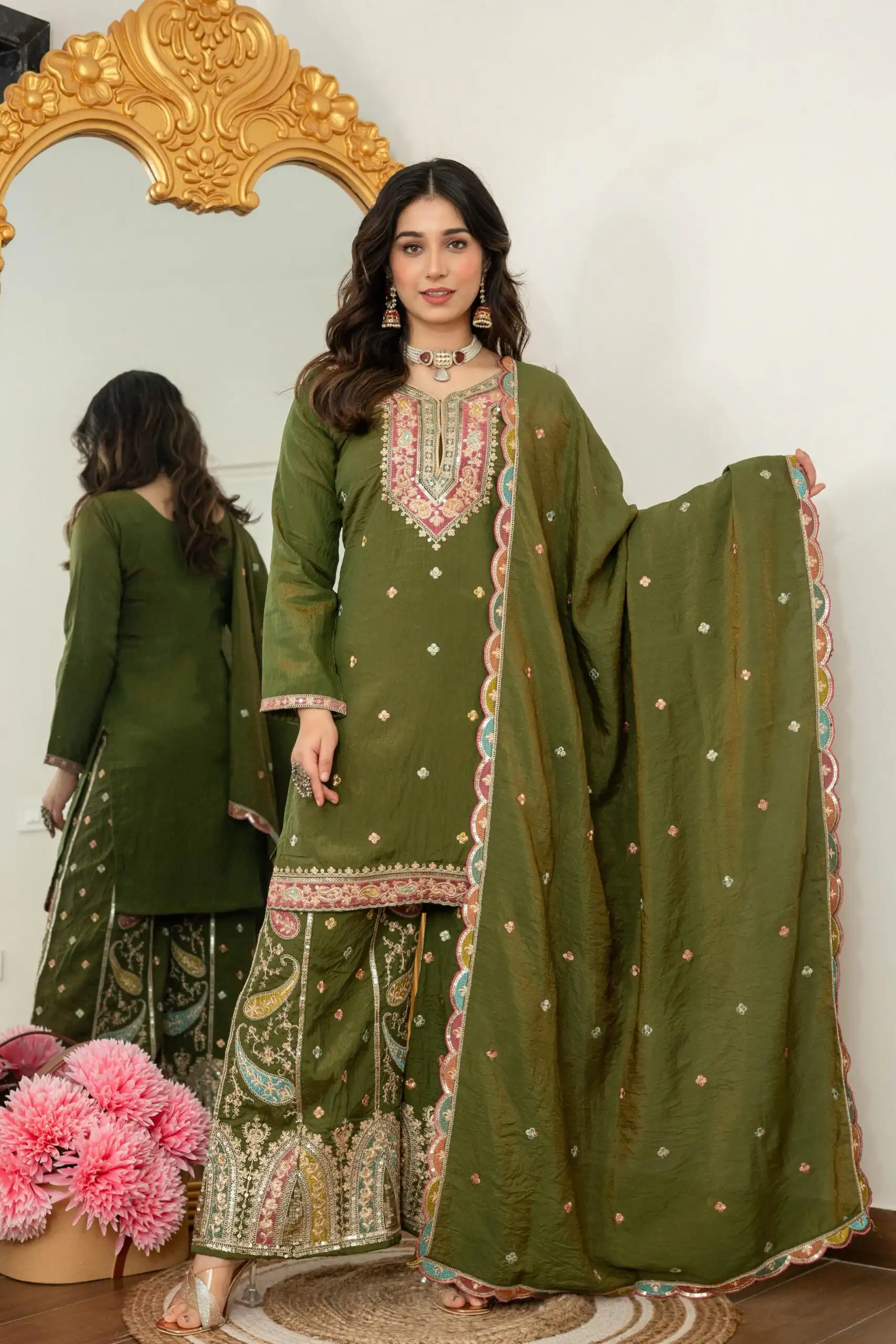 Mehendi Vichitra Silk Embroider Work Salwar Suit - Image 8