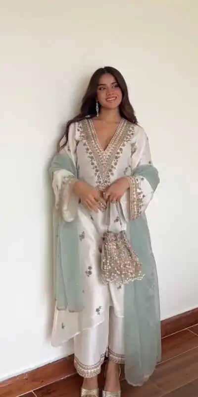 Off White Roman Silk Embroidery Work Salwar Suit