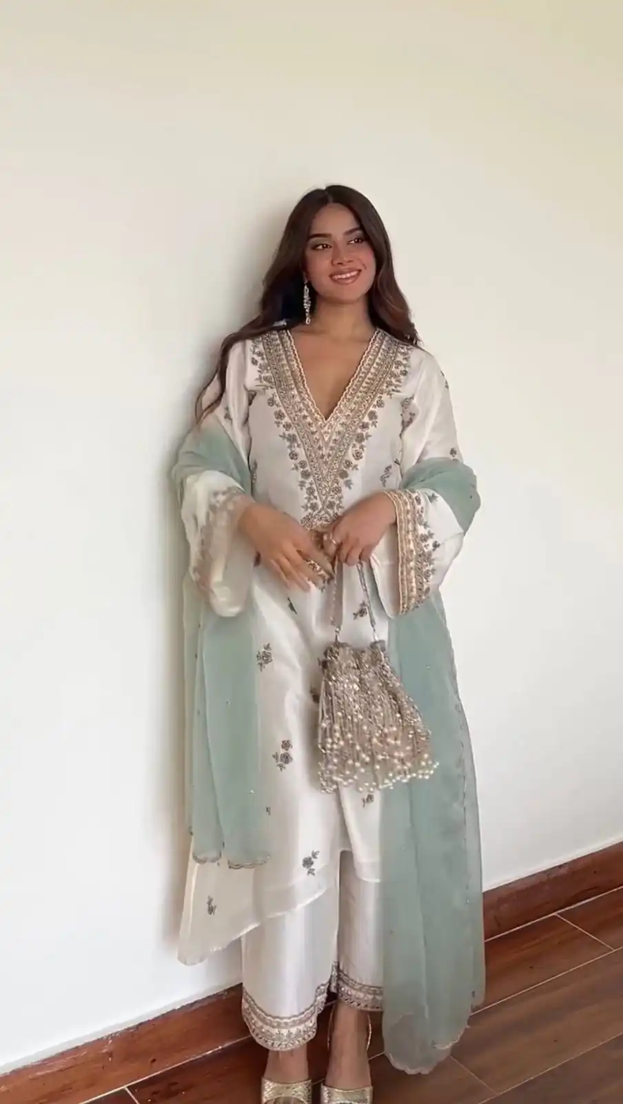 Off White Roman Silk Embroidery Work Salwar Suit