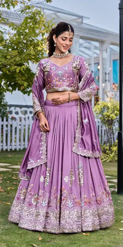 Lavender Vichitra Silk Thread Work Lehenga Choli