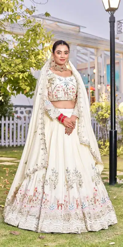 White Vichitra Silk Thread Work Lehenga Choli