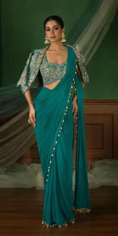 Firozi Crap Silk Embroidery Lace Work Saree