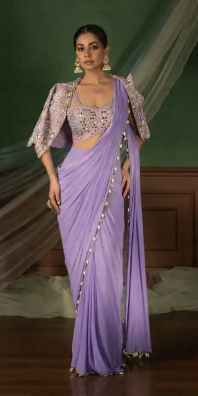 Lavender Crap Silk Embroidery Lace Work Saree