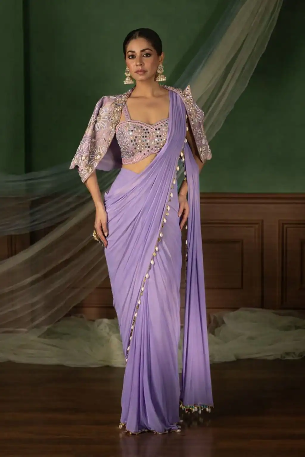 Lavender Crap Silk Embroidery Lace Work Saree
