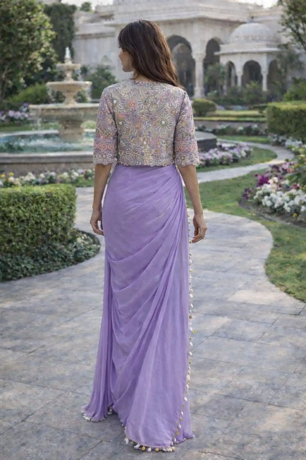 Lavender Crap Silk Embroidery Lace Work Saree - Image 3