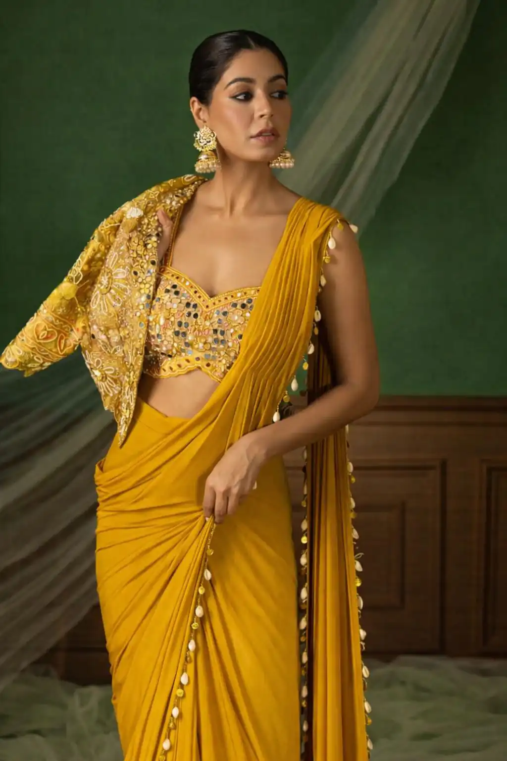 Mustered Crap Silk Embroidery Lace Work Saree - Image 2