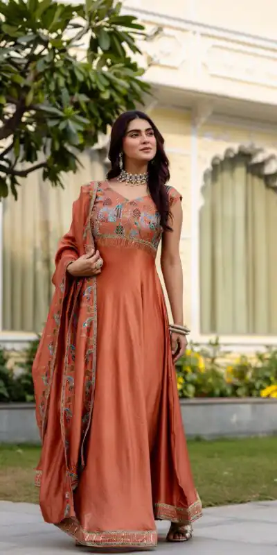 Rust Vichitra Silk Embroider Work Gown