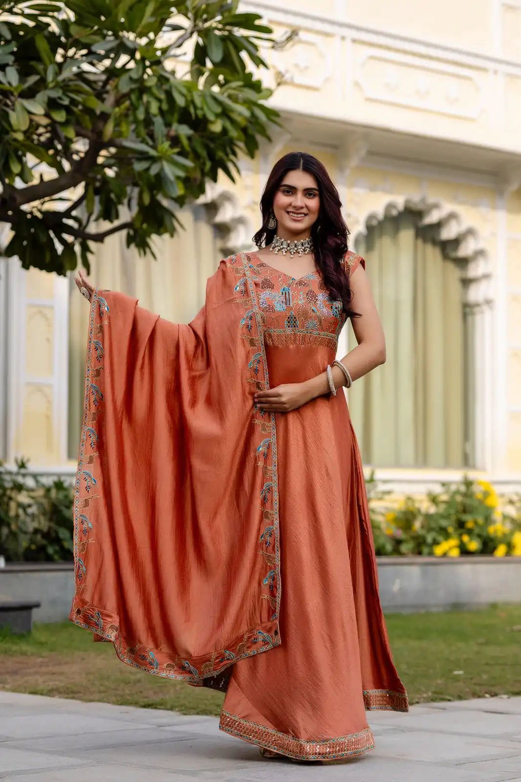 Rust Vichitra Silk Embroider Work Gown - Image 2