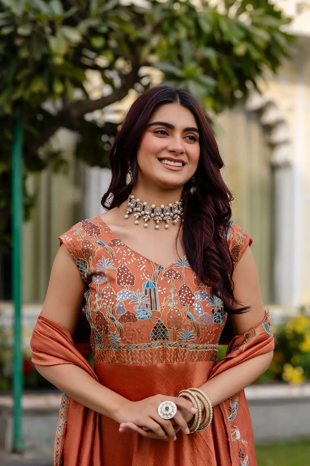 Rust Vichitra Silk Embroider Work Gown - Image 7