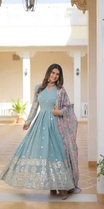 Sky Blue Faux Georgette With Embroidery Work Gown