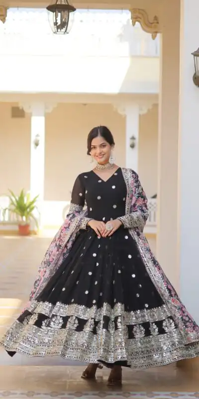 Black Faux Georgette With Embroidery Work Gown