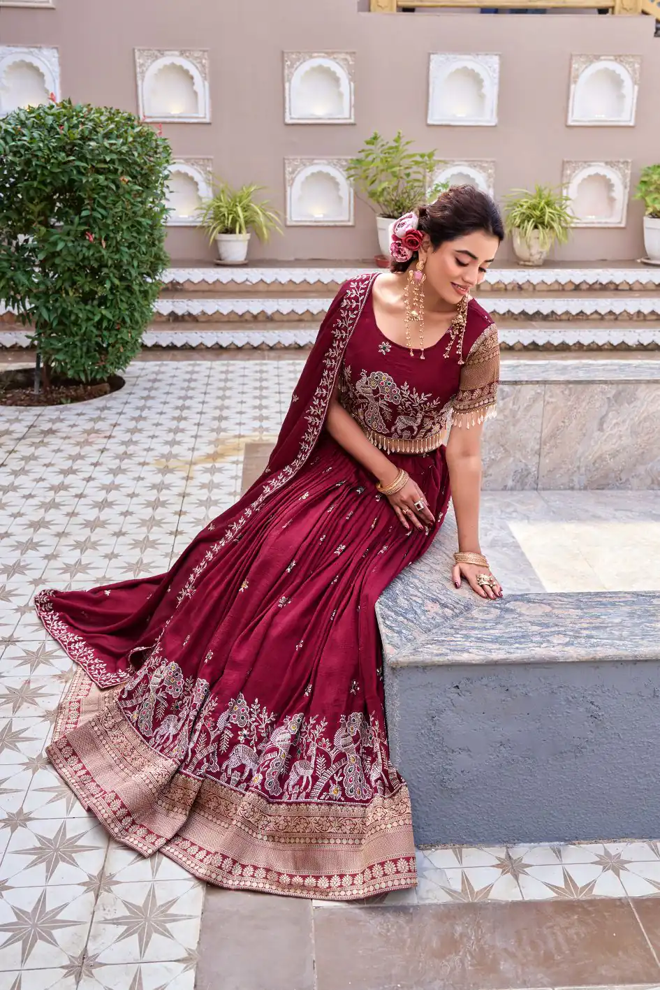 Special Maroon Vichitra Silk Thread Work Lehenga Choli - Image 3
