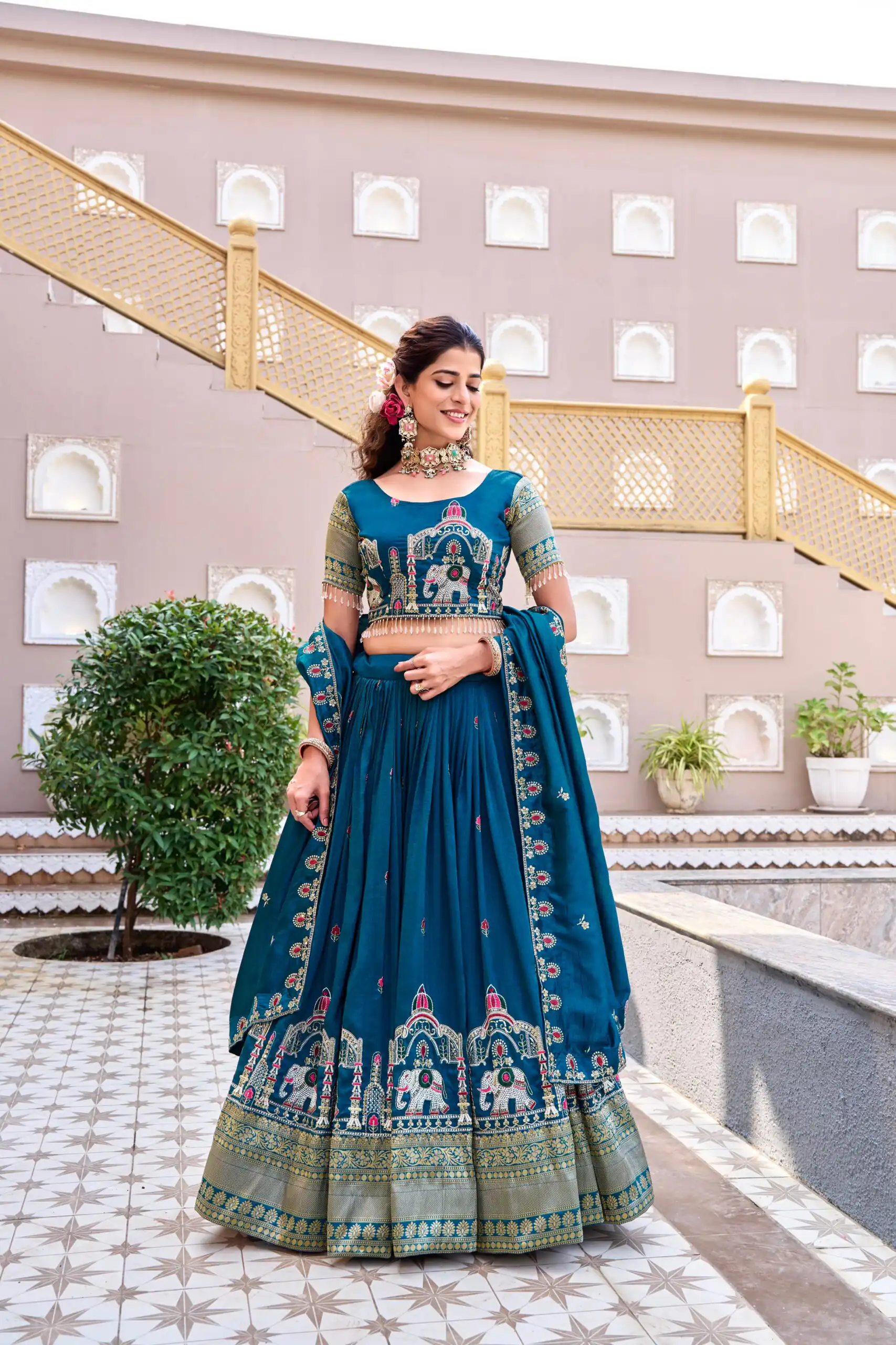 Special Teal Vichitra Silk Thread Work Lehenga Choli