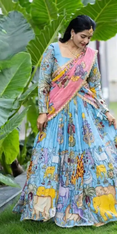 PC 546 Blue in Cotton. Kalamkari Print Lehenga Choli Wedding, Party, Festive, Events, Now at just ₹2099. Delivery 4-6 Working Days. Shop now. | Lehenga, Bollywood Lehenga, Creative Lehenga, Designer Lehenga, Embroidered Lehenga, Party Wear Lehenga