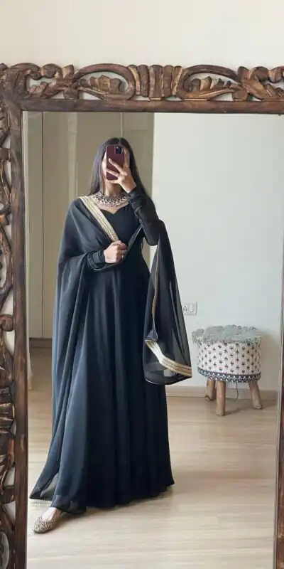 FB L226 Black Faux Georgette Gown Perfect for Wedding, Party, Makar Sankranti, Karwa Chauth, Ethnic Day – . Now at just ₹1799. Delivery 4-6 Working D | Gowns, Bollywood Gowns, Creative Gowns, Designer Gowns, Embroidered Gowns, Party Wear Gowns