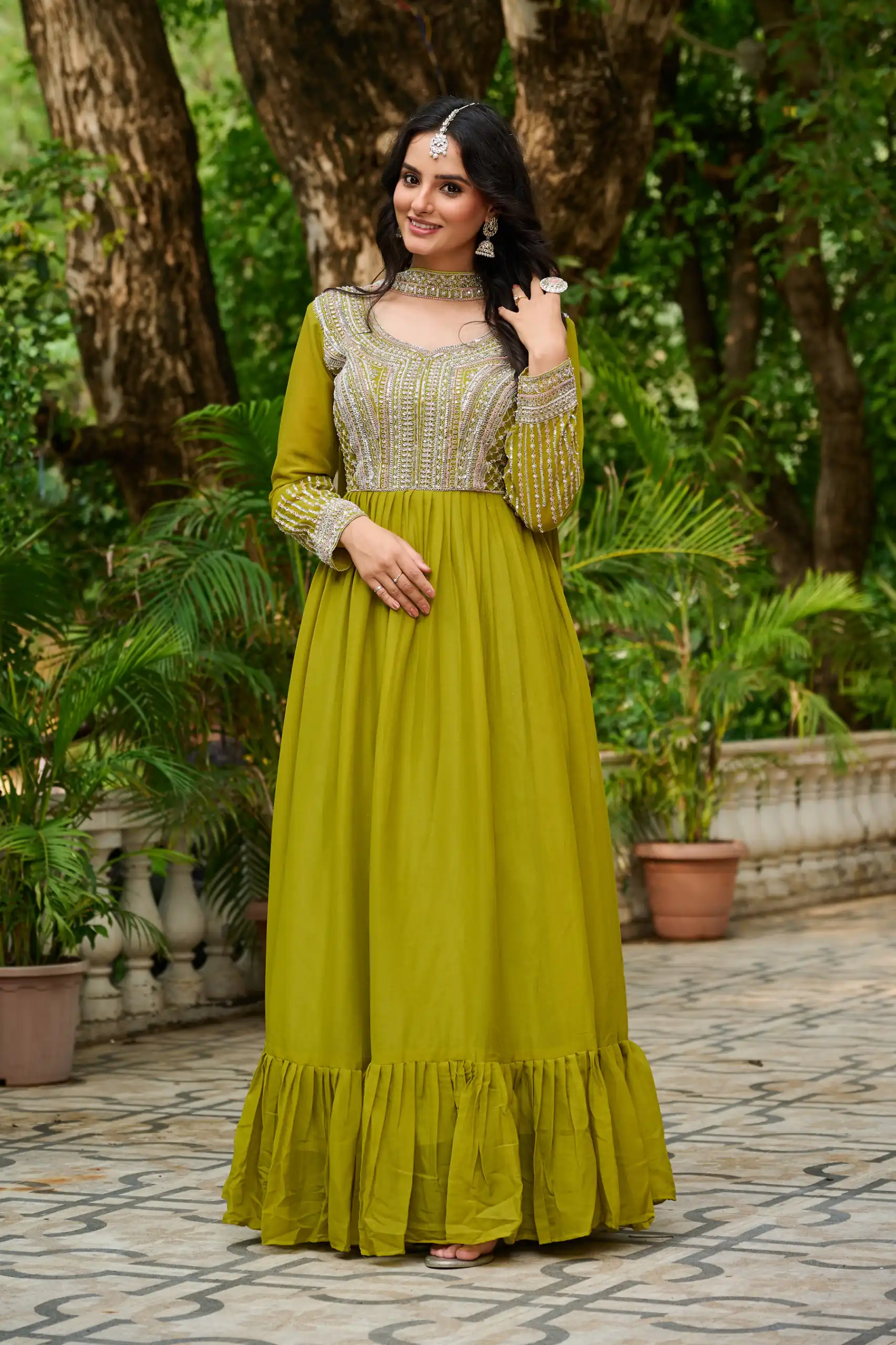 KA 1151 Green Faux Georgette Gown Perfect for Wedding, Party, Makar Sankranti, Karwa Chauth, Ethnic Day – . Now at just ₹2399. Delivery 4-6 Working D | Gowns, Bollywood Gowns, Creative Gowns, Designer Gowns, Embroidered Gowns, Party Wear Gowns