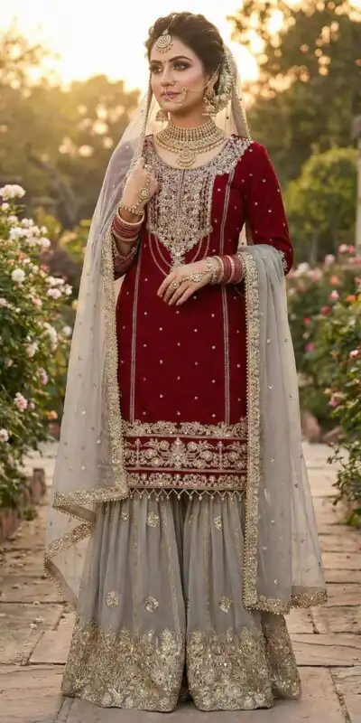 SR 1706 Maroon Faux Georgette Gown Perfect for Wedding, Party, Makar Sankranti, Karwa Chauth, Ethnic Day â . Now at just âš1949. Delivery 4-6 Working D | Jump Suits, Salwar suit, Casual Suits, Creative suits, Designer Suits, Palazzo Suits, Party Wear Suits, Patiala Suits, Straight Suits