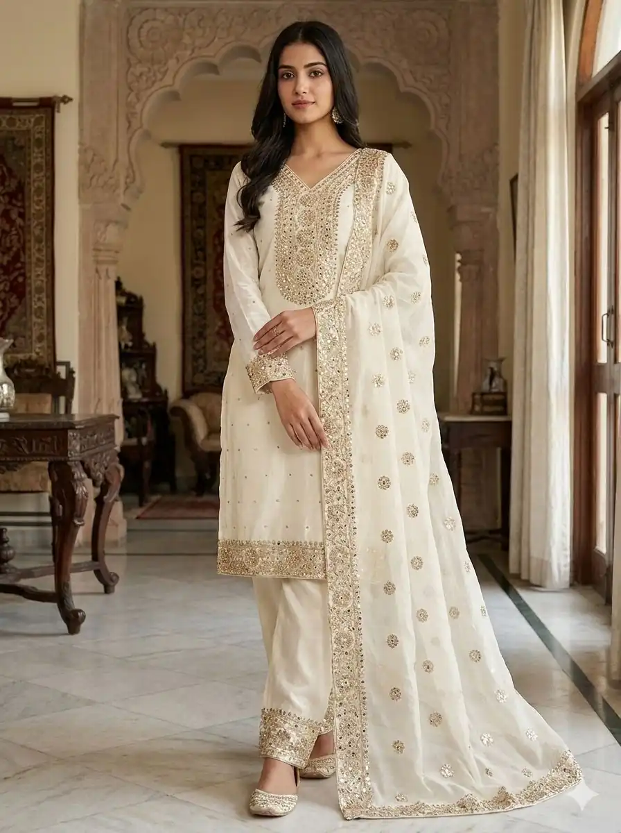 JF 040 Off White Fendy Silk Salwar Suitwith Embroidery Work & Lace Work. Now at just ₹2049. Delivery 4-6 Working Days. Shop now. | Jump Suits, Salwar suit, Casual Suits, Creative suits, Designer Suits, Palazzo Suits, Party Wear Suits, Patiala Suits, Straight Suits