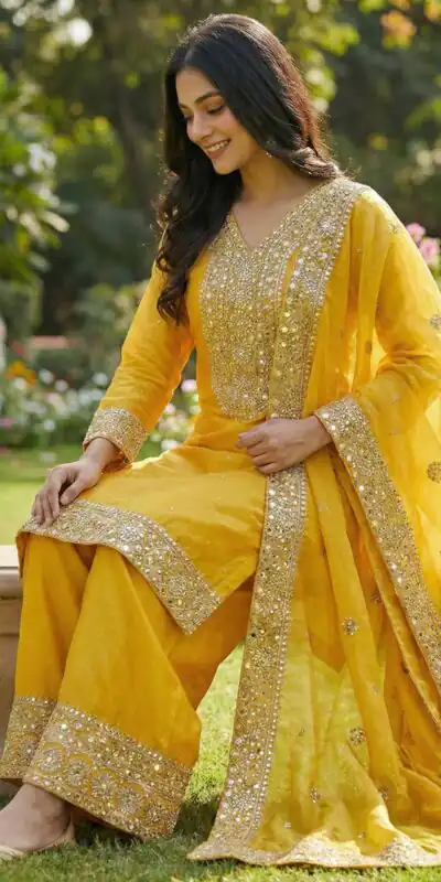 JF 040 Yellow Fendy Silk Salwar Suitwith Embroidery Work & Lace Work. Now at just ₹2049. Delivery 4-6 Working Days. Shop now. | Jump Suits, Salwar suit, Casual Suits, Creative suits, Designer Suits, Palazzo Suits, Party Wear Suits, Patiala Suits, Straight Suits