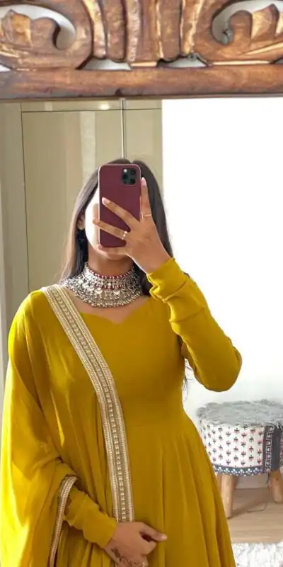 FB L226 Yellow Faux Georgette Gown Perfect for Wedding, Party, Makar Sankranti, Karwa Chauth, Ethnic Day – . Now at just ₹1799. Delivery 4-6 Working D | Gowns, Bollywood Gowns, Creative Gowns, Designer Gowns, Embroidered Gowns, Party Wear Gowns