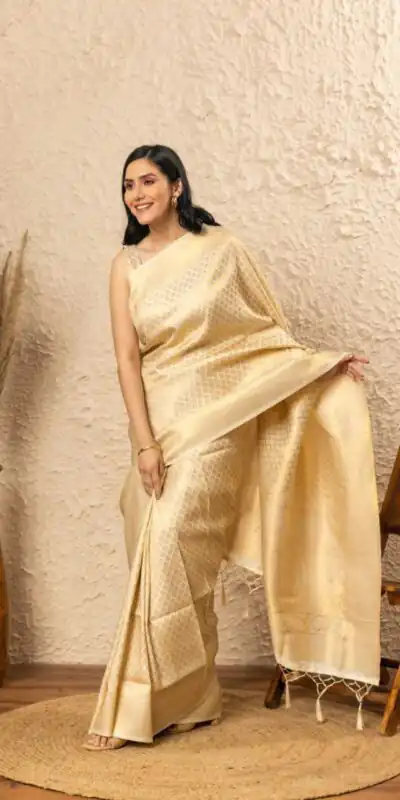 KPR 073 Off White Soft Lichi Silk Saree Perfect for Wedding, Party, Reception, Diwali, Ethnic Day – . Affordable Price ₹1299. Delivery 4-6 Working Days. | Designer Sarees, Sarees, Bollywood Sarees, Creative Sarees, Embroidered Sarees, Ethnic Saree, Modern Digital sarees, Party Wear Sarees