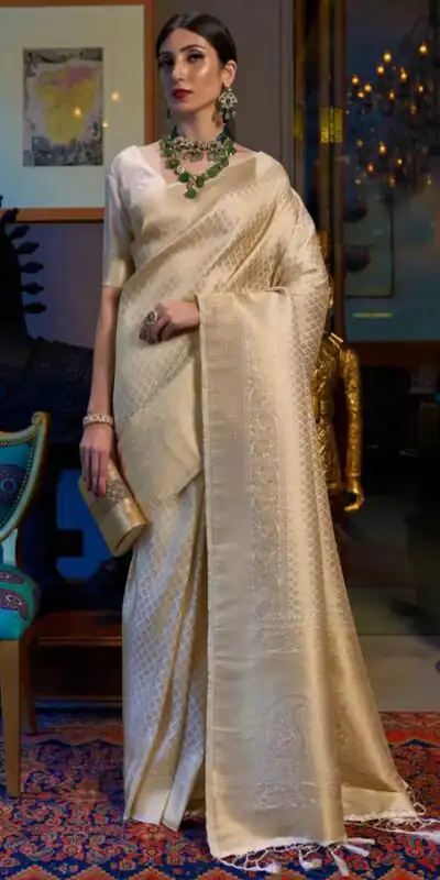 KPR 073 Off White Soft Lichi Silk Saree Perfect for Wedding, Party, Reception, Diwali, Ethnic Day – . Affordable Price ₹1299. Delivery 4-6 Working Days. | Designer Sarees, Sarees, Bollywood Sarees, Creative Sarees, Embroidered Sarees, Ethnic Saree, Modern Digital sarees, Party Wear Sarees