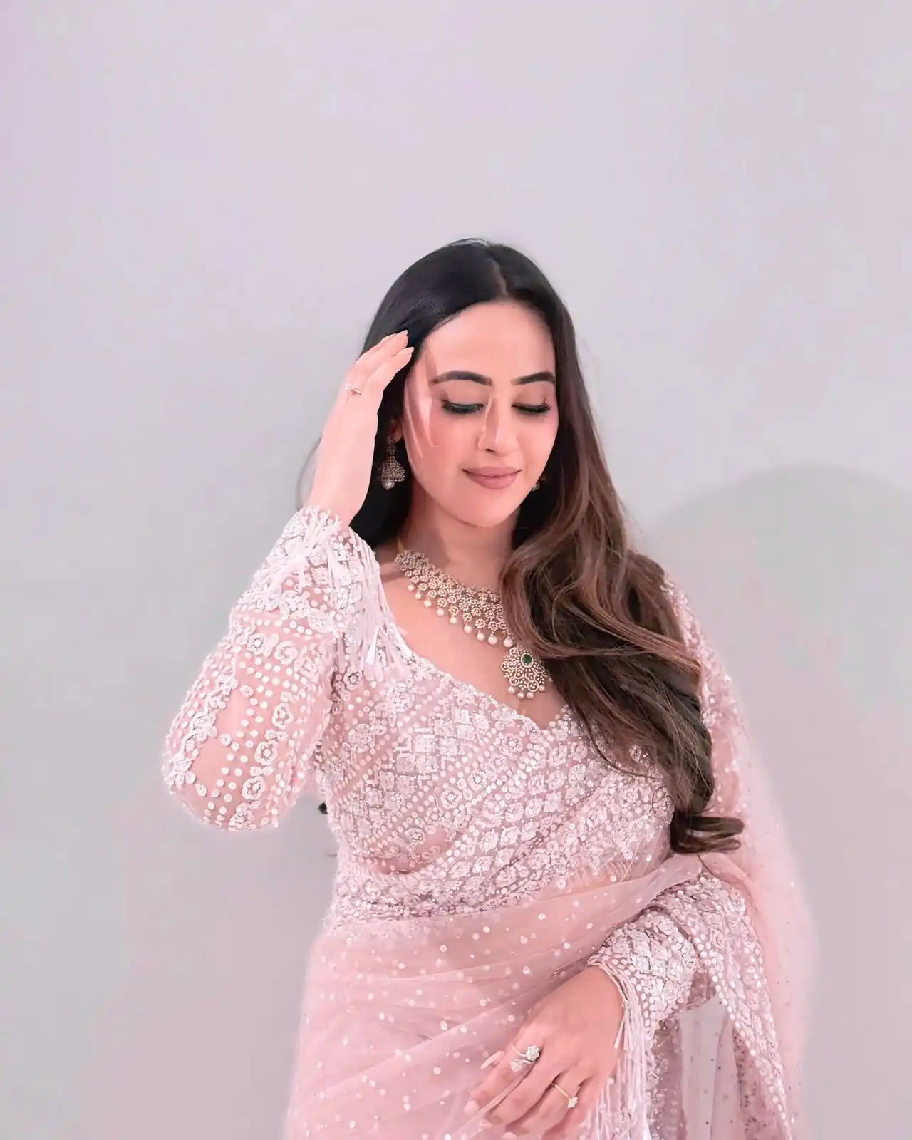 Baby Pink Soft Net Sequins Work Saree - Image 2