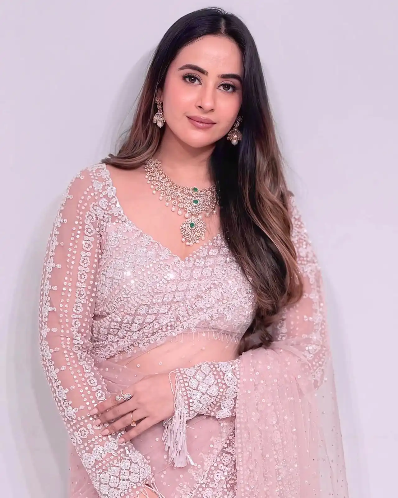 Baby Pink Soft Net Sequins Work Saree - Image 5