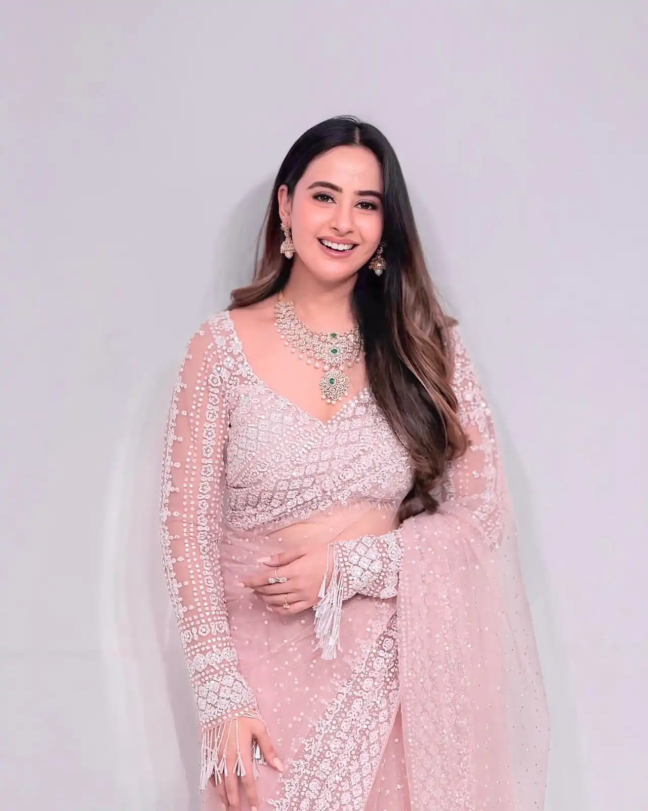 Baby Pink Soft Net Sequins Work Saree - Image 6