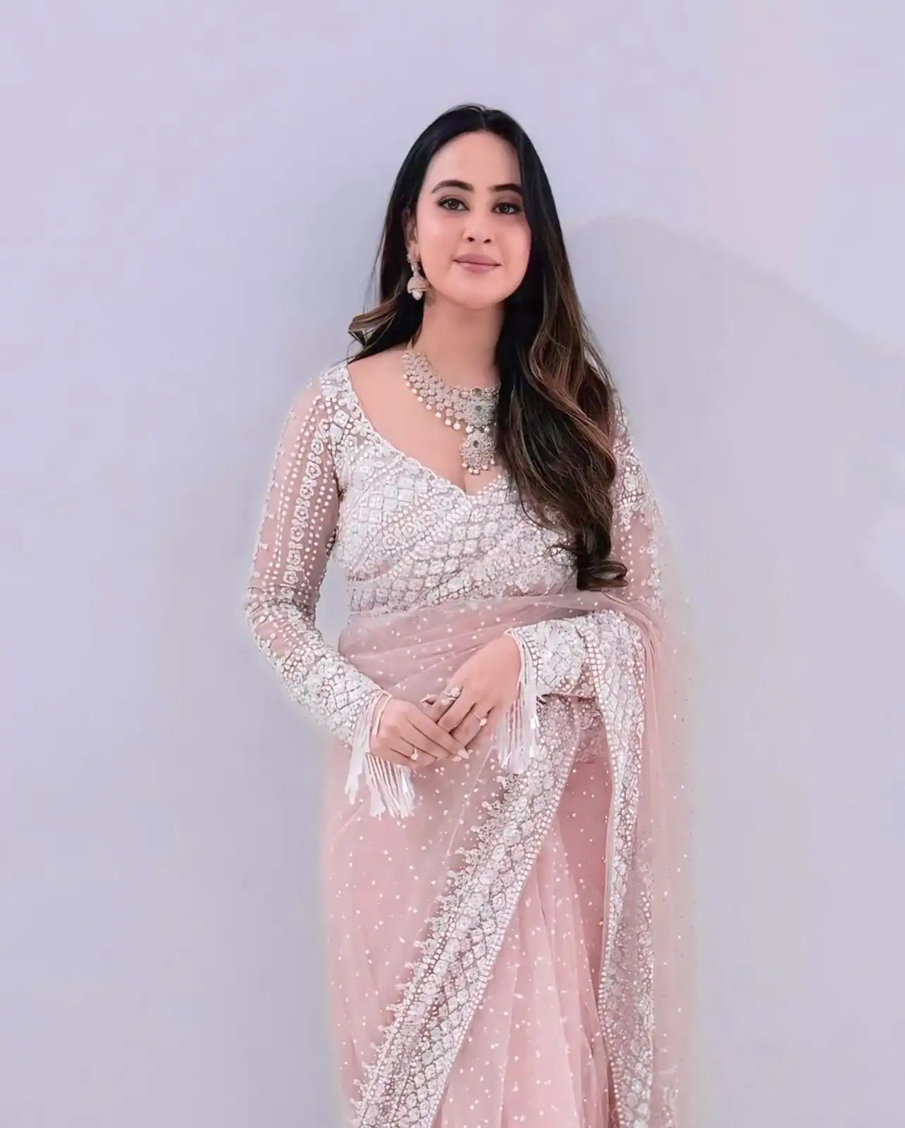 Baby Pink Soft Net Sequins Work Saree