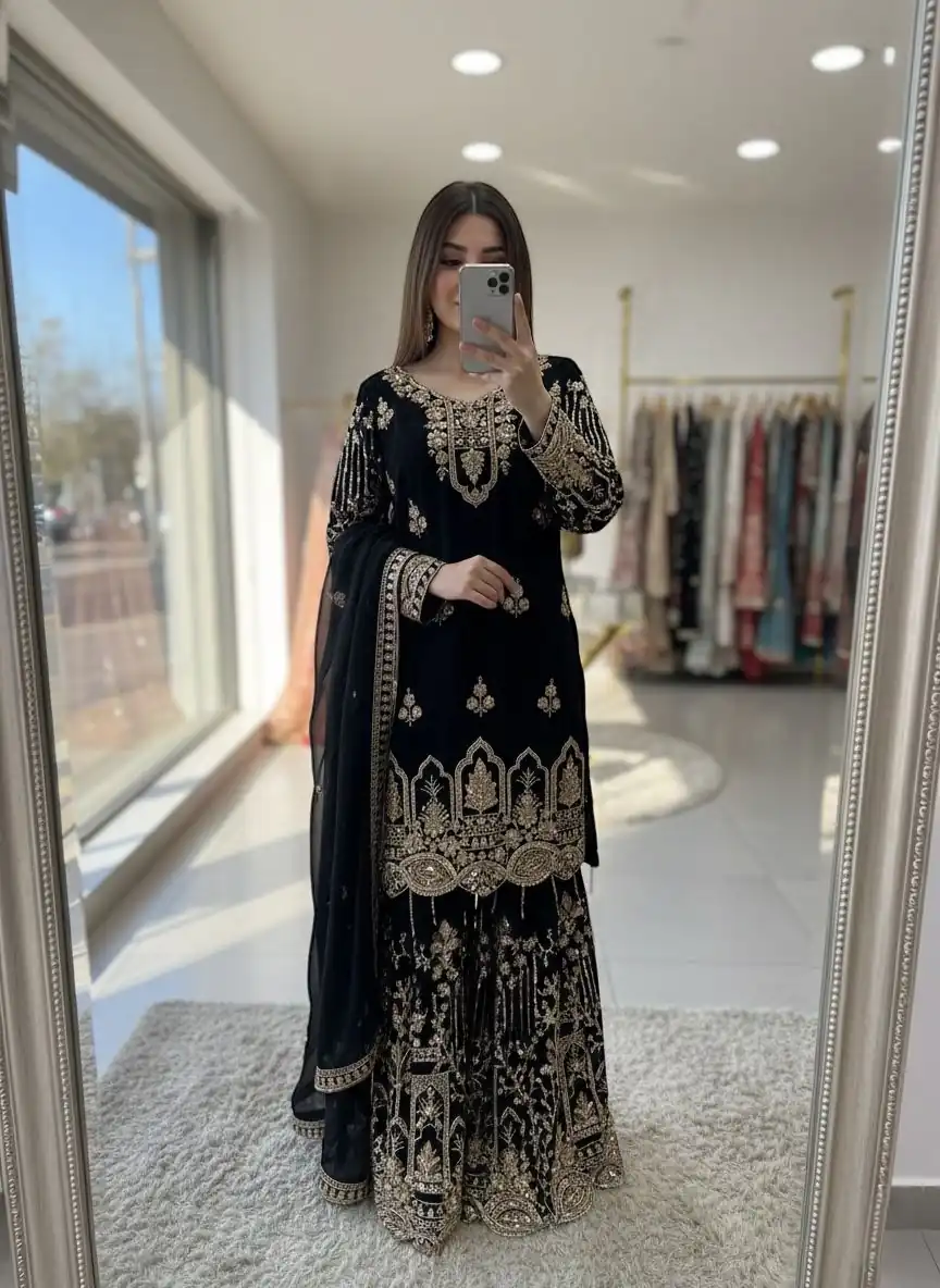 WW 1250 Black Faux Georgette With 5 mm Sequence Work Salwar Suit Wedding, Party, Festive, Events Etc. Expected Delivery 4-6 Working Days @2399/- | Jump Suits, Salwar suit, Casual Suits, Creative suits, Designer Suits, Palazzo Suits, Party Wear Suits, Patiala Suits, Straight Suits