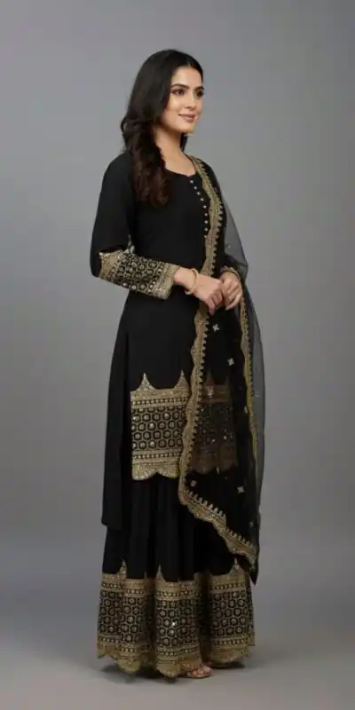 ZF 250 Black Color Faux Georgette Embroidery Sequence Work Sharara Suit Wedding, Party, Festive, Events Etc. Expected Delivery 4-6 Working Days @2099/- | Jump Suits, Salwar suit, Casual Suits, Creative suits, Designer Suits, Palazzo Suits, Party Wear Suits, Patiala Suits, Straight Suits