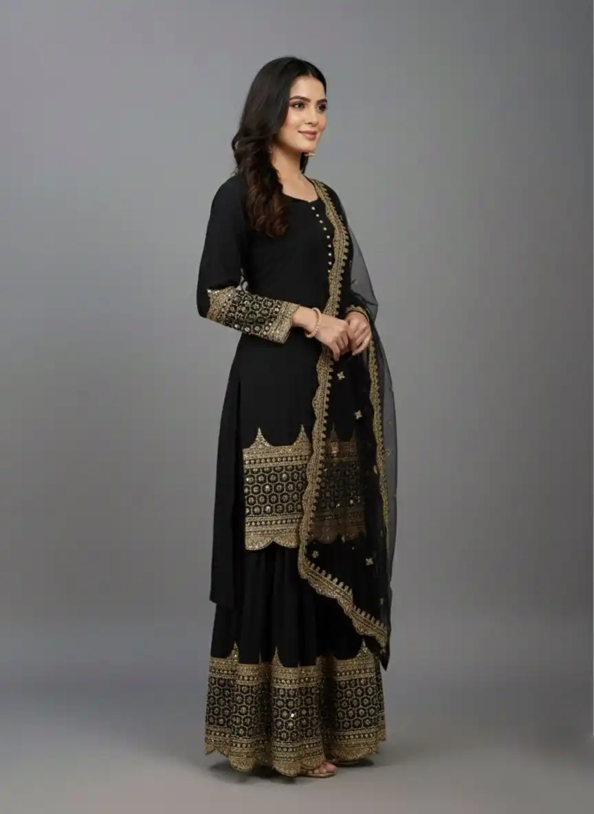 ZF 250 Black Color Faux Georgette Embroidery Sequence Work Sharara Suit Wedding, Party, Festive, Events Etc. Expected Delivery 4-6 Working Days @2099/- | Jump Suits, Salwar suit, Casual Suits, Creative suits, Designer Suits, Palazzo Suits, Party Wear Suits, Patiala Suits, Straight Suits