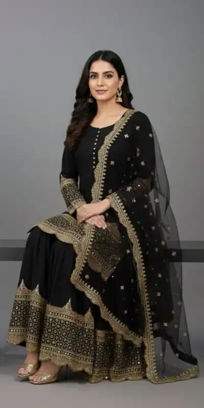 ZF 250 Black Color Faux Georgette Embroidery Sequence Work Sharara Suit Wedding, Party, Festive, Events Etc. Expected Delivery 4-6 Working Days @2099/- | Jump Suits, Salwar suit, Casual Suits, Creative suits, Designer Suits, Palazzo Suits, Party Wear Suits, Patiala Suits, Straight Suits