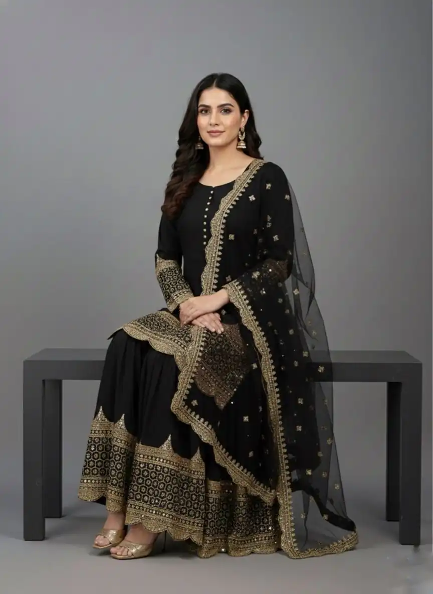 ZF 250 Black Color Faux Georgette Embroidery Sequence Work Sharara Suit Wedding, Party, Festive, Events Etc. Expected Delivery 4-6 Working Days @2099/- | Jump Suits, Salwar suit, Casual Suits, Creative suits, Designer Suits, Palazzo Suits, Party Wear Suits, Patiala Suits, Straight Suits