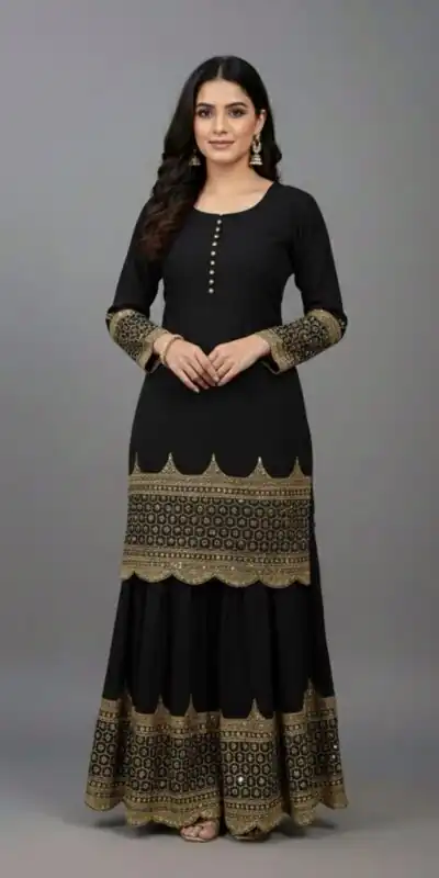 ZF 250 Black Color Faux Georgette Embroidery Sequence Work Sharara Suit Wedding, Party, Festive, Events Etc. Expected Delivery 4-6 Working Days @2099/- | Jump Suits, Salwar suit, Casual Suits, Creative suits, Designer Suits, Palazzo Suits, Party Wear Suits, Patiala Suits, Straight Suits