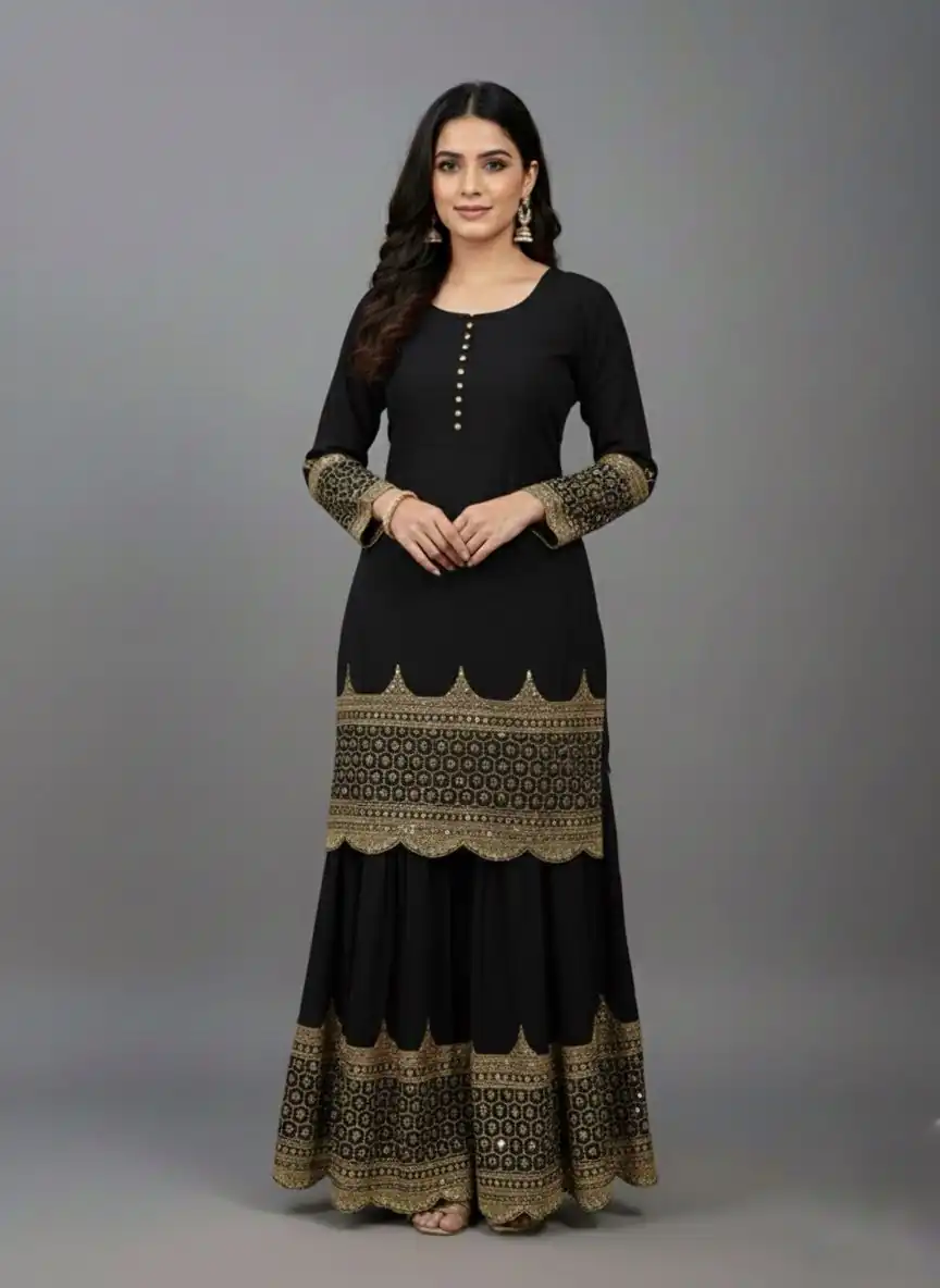 ZF 250 Black Color Faux Georgette Embroidery Sequence Work Sharara Suit Wedding, Party, Festive, Events Etc. Expected Delivery 4-6 Working Days @2099/- | Jump Suits, Salwar suit, Casual Suits, Creative suits, Designer Suits, Palazzo Suits, Party Wear Suits, Patiala Suits, Straight Suits