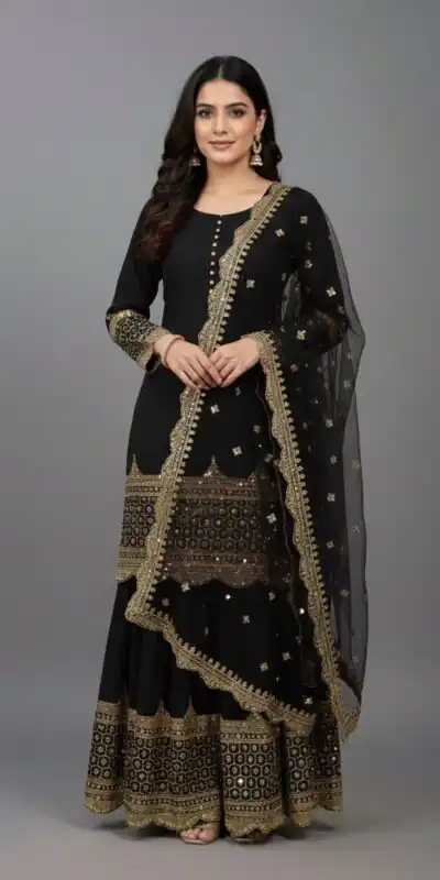 ZF 250 Black Color Faux Georgette Embroidery Sequence Work Sharara Suit Wedding, Party, Festive, Events Etc. Expected Delivery 4-6 Working Days @2099/- | Jump Suits, Salwar suit, Casual Suits, Creative suits, Designer Suits, Palazzo Suits, Party Wear Suits, Patiala Suits, Straight Suits