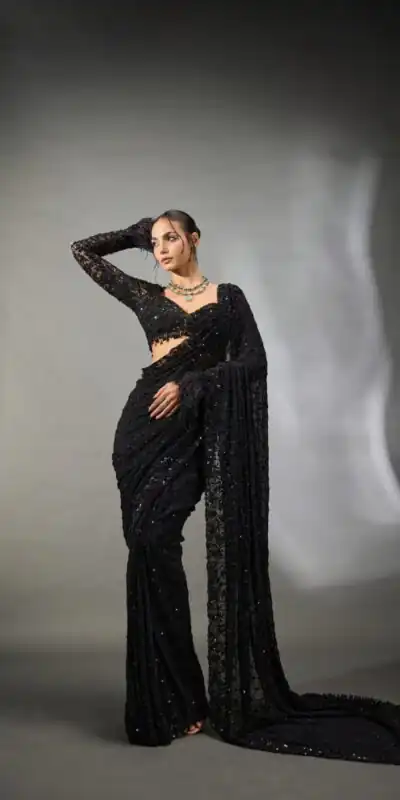 DF 3474 Black Faux Georgette Saree Perfect for Wedding, Party, Bridal Wear, Baisakhi, Raksha Bandhan –. Introductory Price ₹1799. Delivery 4-6 Workin | Designer Sarees, Sarees, Bollywood Sarees, Creative Sarees, Embroidered Sarees, Ethnic Saree, Modern Digital sarees, Party Wear Sarees