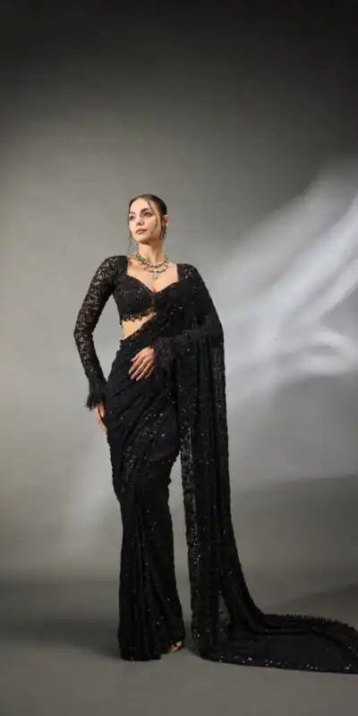 DF 3474 Black Faux Georgette Saree Perfect for Wedding, Party, Bridal Wear, Baisakhi, Raksha Bandhan –. Introductory Price ₹1799. Delivery 4-6 Workin | Designer Sarees, Sarees, Bollywood Sarees, Creative Sarees, Embroidered Sarees, Ethnic Saree, Modern Digital sarees, Party Wear Sarees