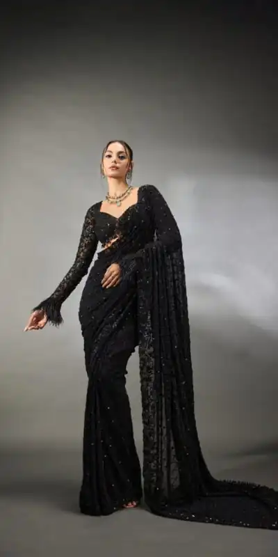 DF 3474 Black Faux Georgette Saree Perfect for Wedding, Party, Bridal Wear, Baisakhi, Raksha Bandhan â. Introductory Price âš1799. Delivery 4-6 Workin | Designer Sarees, Sarees, Bollywood Sarees, Creative Sarees, Embroidered Sarees, Ethnic Saree, Modern Digital sarees, Party Wear Sarees