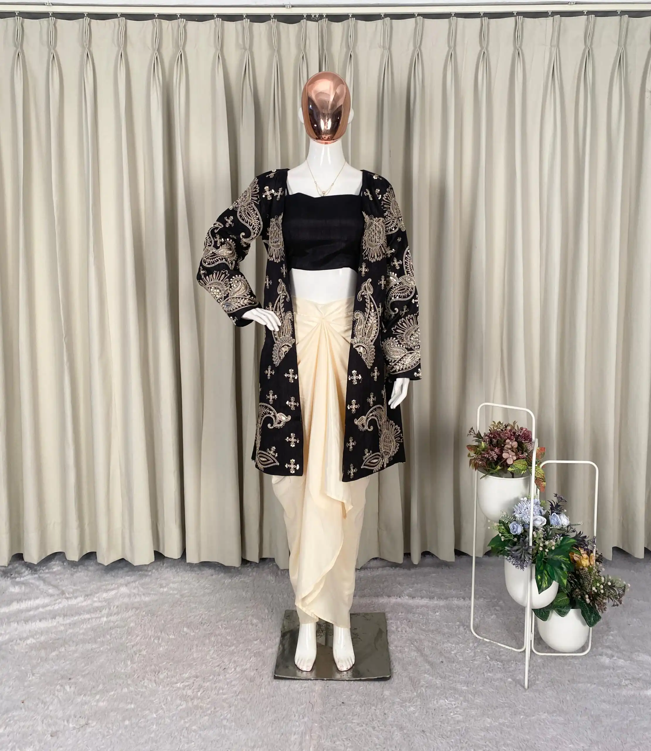 BE 450 Black French Crape Dhoti SuitPerfect for Wedding, Party, Makar Sankranti, Pongal, Anniversary – . Exclusive Offer ₹1999. Delivery 4-6 Working Da | Jump Suits, Salwar suit, Casual Suits, Creative suits, Designer Suits, Palazzo Suits, Party Wear Suits, Patiala Suits, Straight Suits