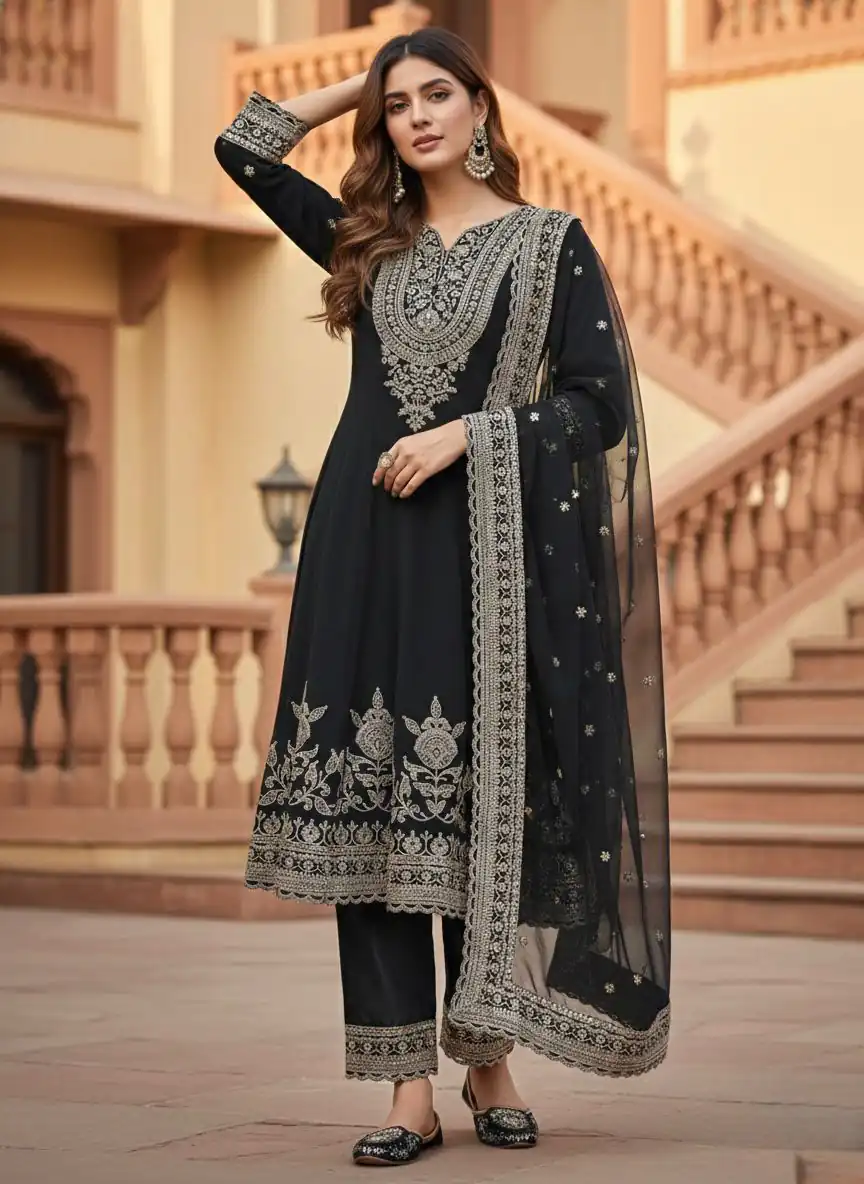 Black Georgette Sequences Lace Work Salwar Suit