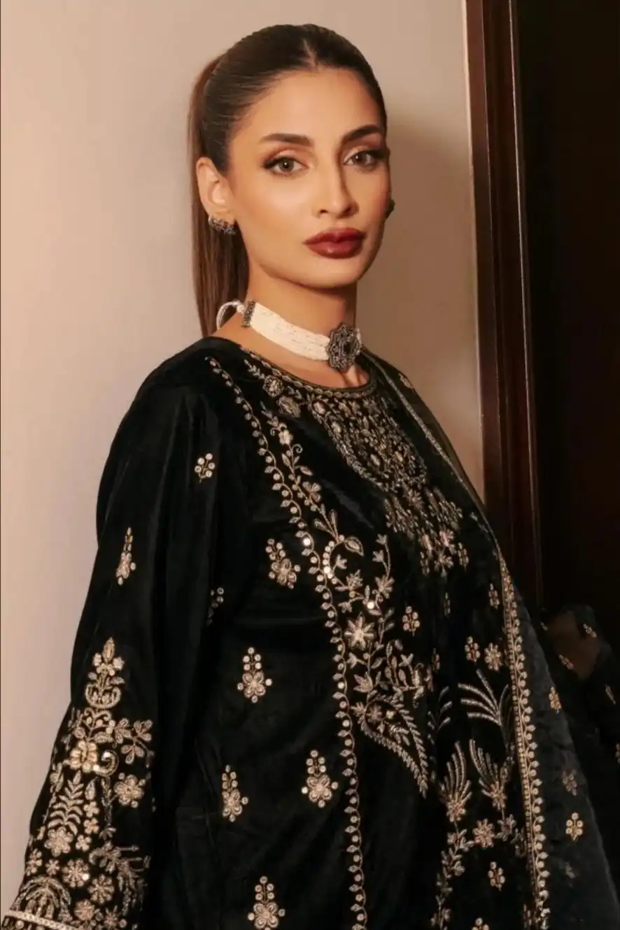 Black Korean Satin Silk Embroidery Work Salwar Suit - Image 4