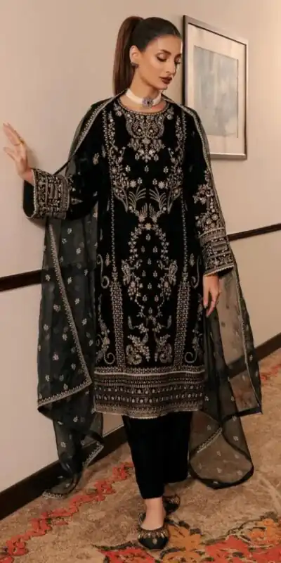 Black Korean Satin Silk Embroidery Work Salwar Suit