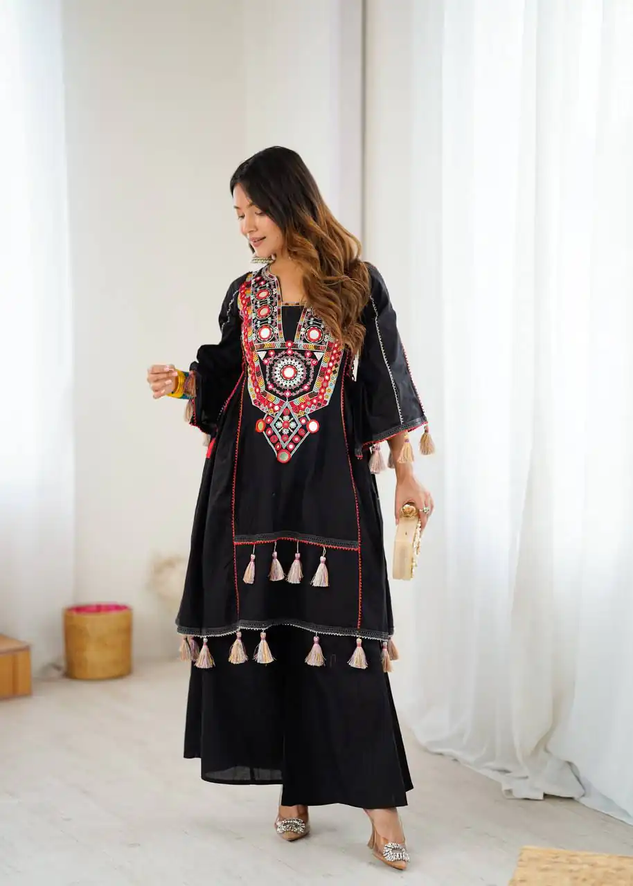 Black Rayon Cotton Embroidery Mirror Work Salwar Suit - Image 2