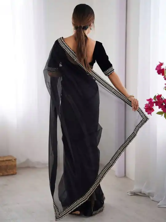 Black Soft Twil Net Silk Embroidery Work Saree - Image 3