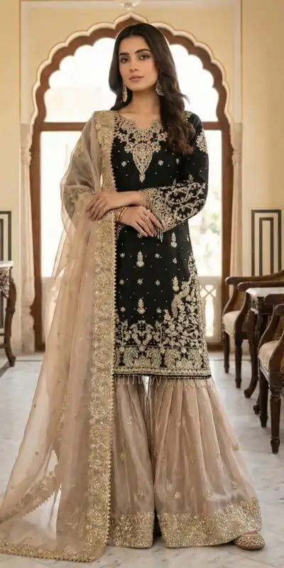 Black Zimmy Choo Silk Embroidery Work Slwar Suit