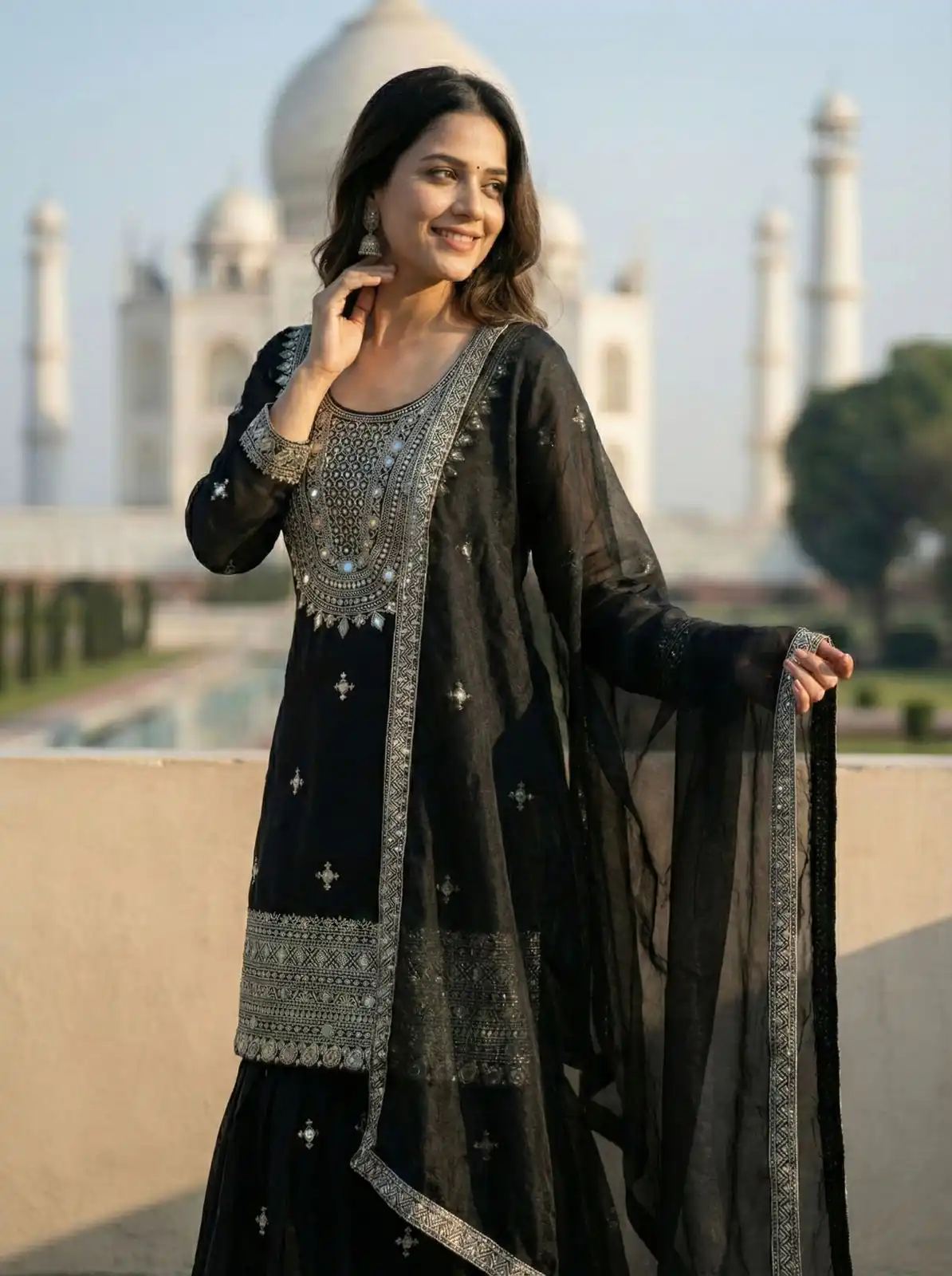 Black Zimmy Silk Embroidery Work Work Sawar Suit - Image 2